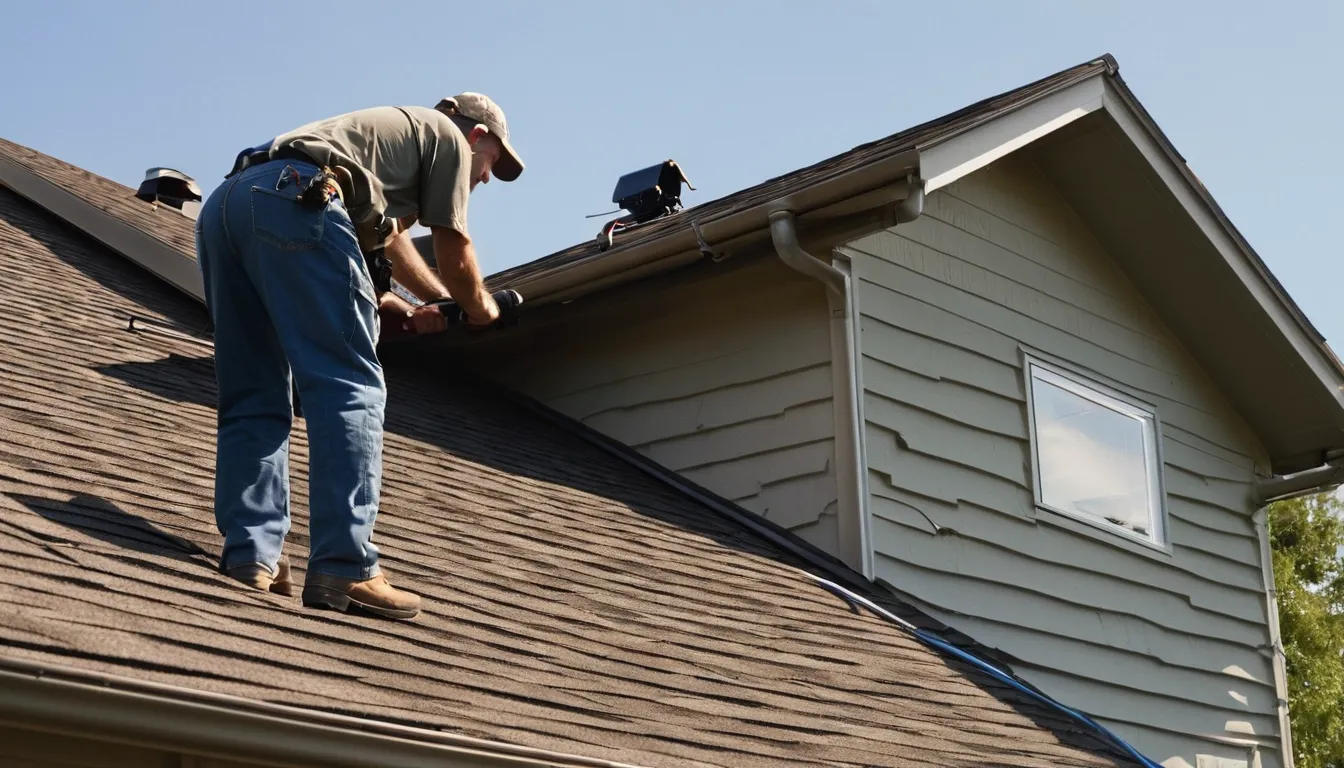 Friendly local provider inspecting the roofline and attic vent of a ranch home near De Soto while a homeowner looks on